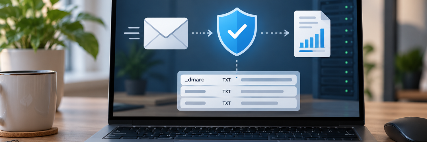 Laptop met illustratie van e-mailbeveiliging, DMARC, DNS-records en rapportage