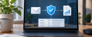 Laptop met illustratie van e-mailbeveiliging, DMARC, DNS-records en rapportage