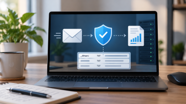 Laptop met illustratie van e-mailbeveiliging, DMARC, DNS-records en rapportage