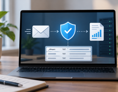 Laptop met illustratie van e-mailbeveiliging, DMARC, DNS-records en rapportage